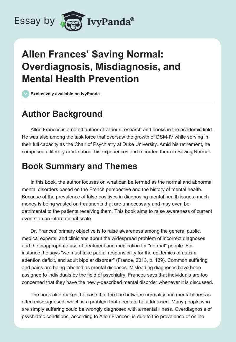 Allen Frances’ Saving Normal: Overdiagnosis, Misdiagnosis, and Mental Health Prevention. Page 1