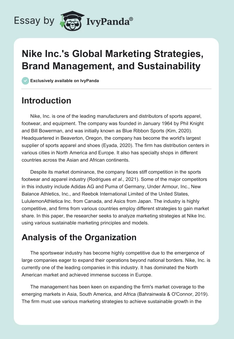 Nike Inc.'s Global Marketing Strategies, Brand Management, and Sustainability. Page 1