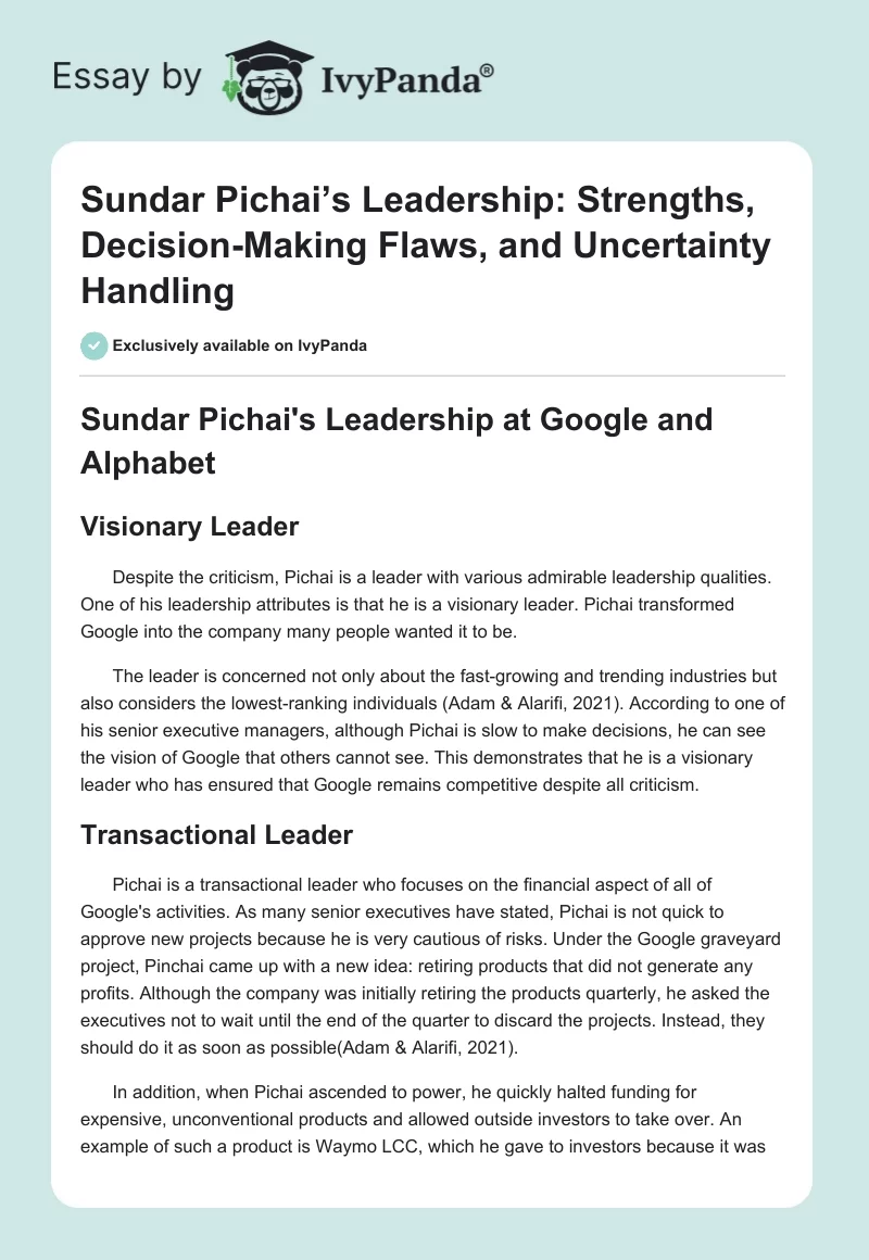 Sundar Pichai’s Leadership: Strengths, Decision-Making Flaws, and Uncertainty Handling. Page 1