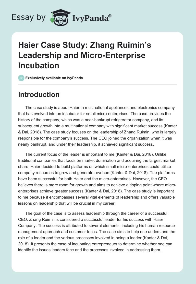 Haier Case Study: Zhang Ruimin’s Leadership and Micro-Enterprise Incubation. Page 1