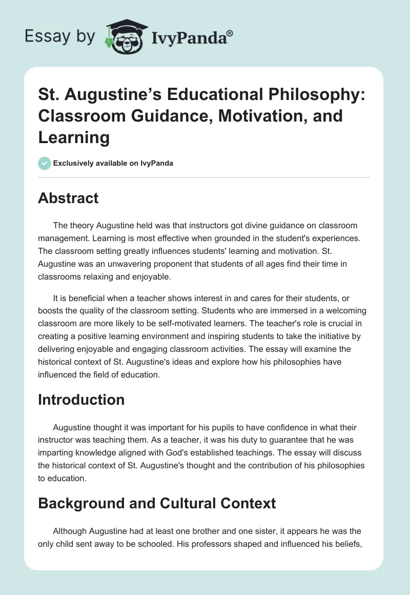 St. Augustine’s Educational Philosophy: Classroom Guidance, Motivation, and Learning. Page 1