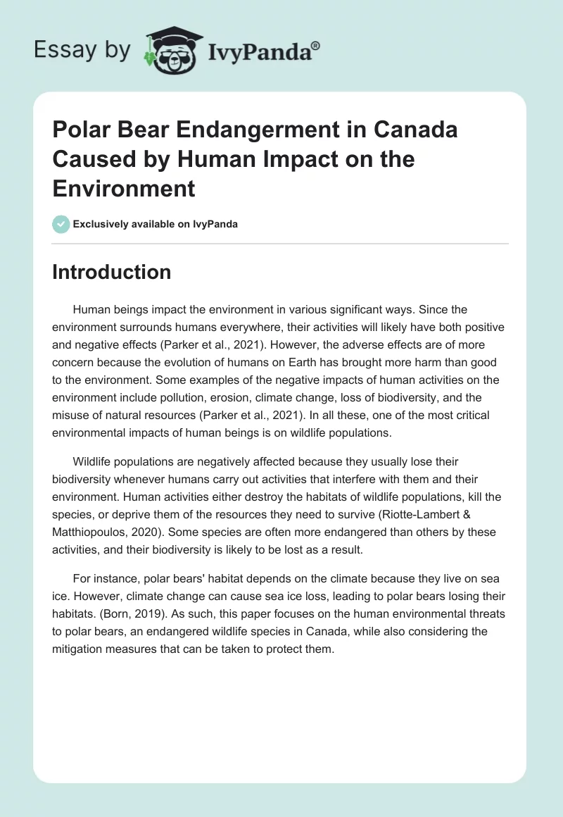 Polar Bear Endangerment in Canada Caused by Human Impact on the Environment. Page 1