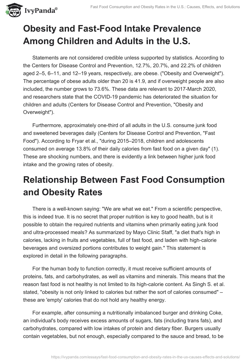 Fast Food Consumption and Obesity Rates in the U.S.: Causes, Effects, and Solutions. Page 2