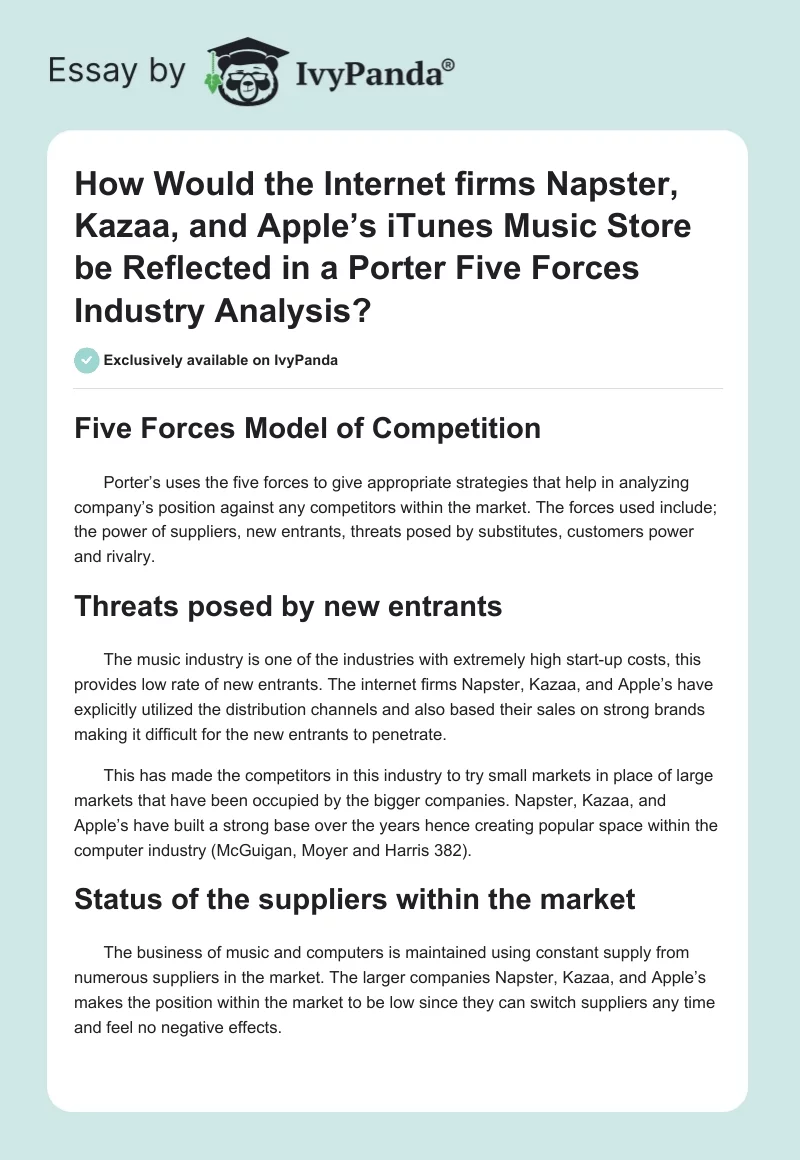 How Would the Internet Firms Napster, Kazaa, and Apple’s iTunes Music Store be Reflected in a Porter Five Forces Industry Analysis?. Page 1