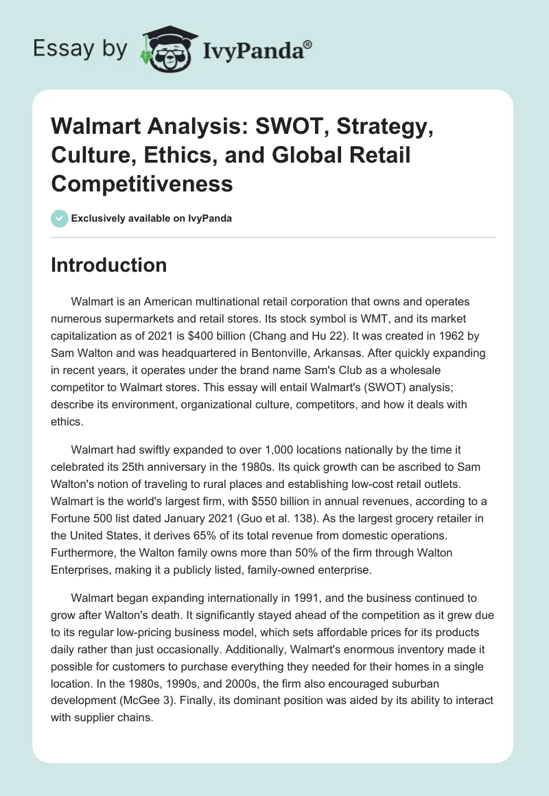Walmart Analysis: SWOT, Strategy, Culture, Ethics, and Global Retail Competitiveness. Page 1