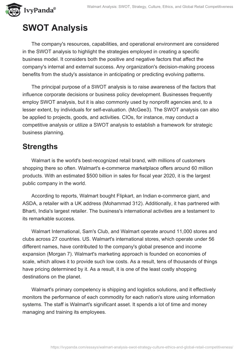 Walmart Analysis: SWOT, Strategy, Culture, Ethics, and Global Retail Competitiveness. Page 2