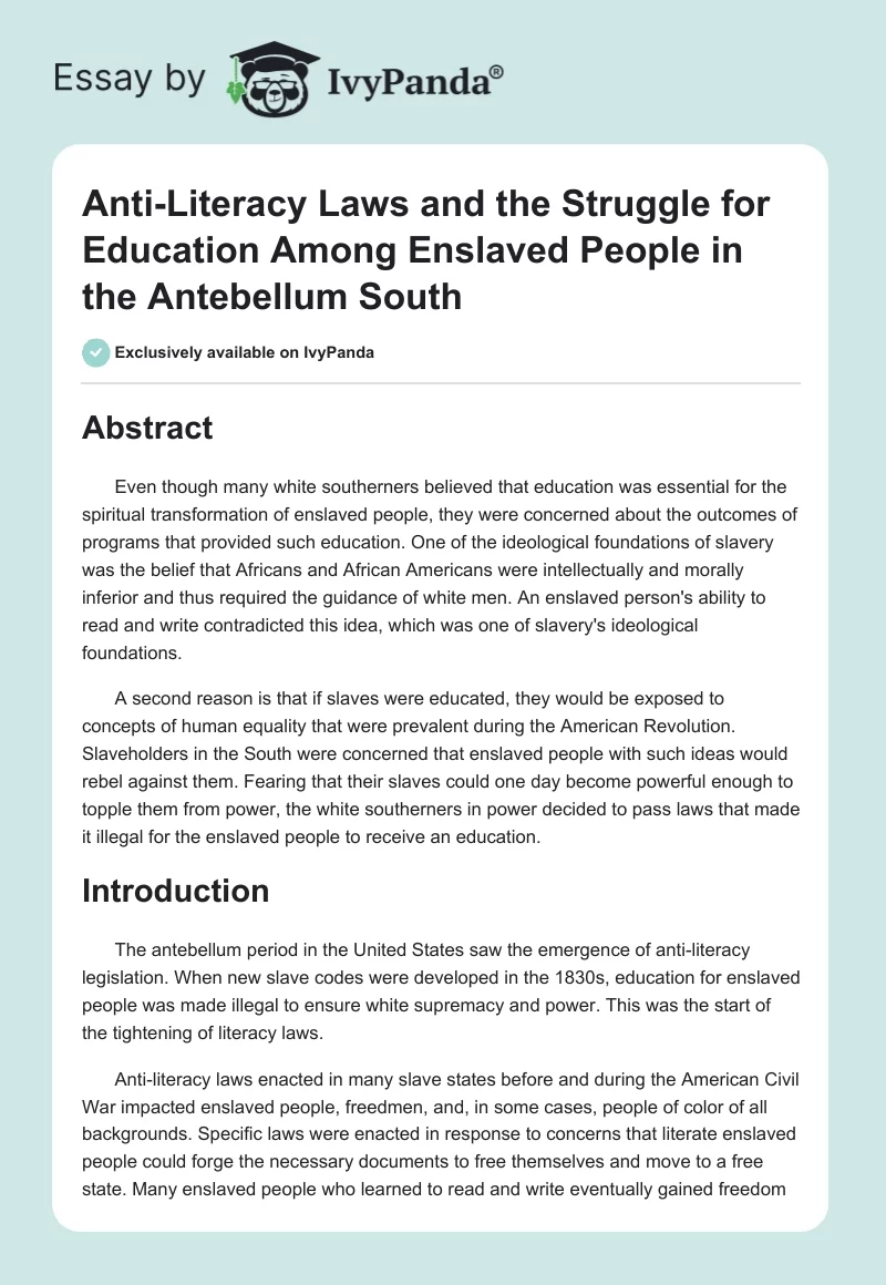 Anti-Literacy Laws and the Struggle for Education Among Enslaved People in the Antebellum South. Page 1
