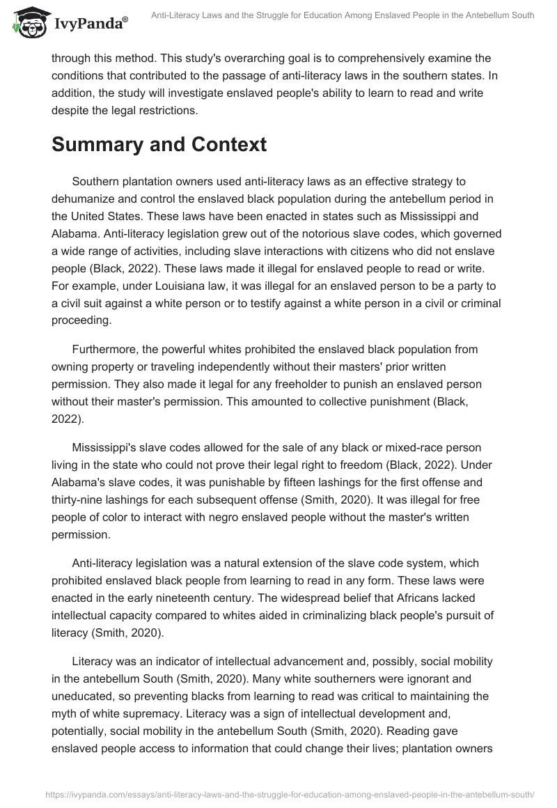 Anti-Literacy Laws and the Struggle for Education Among Enslaved People in the Antebellum South. Page 2