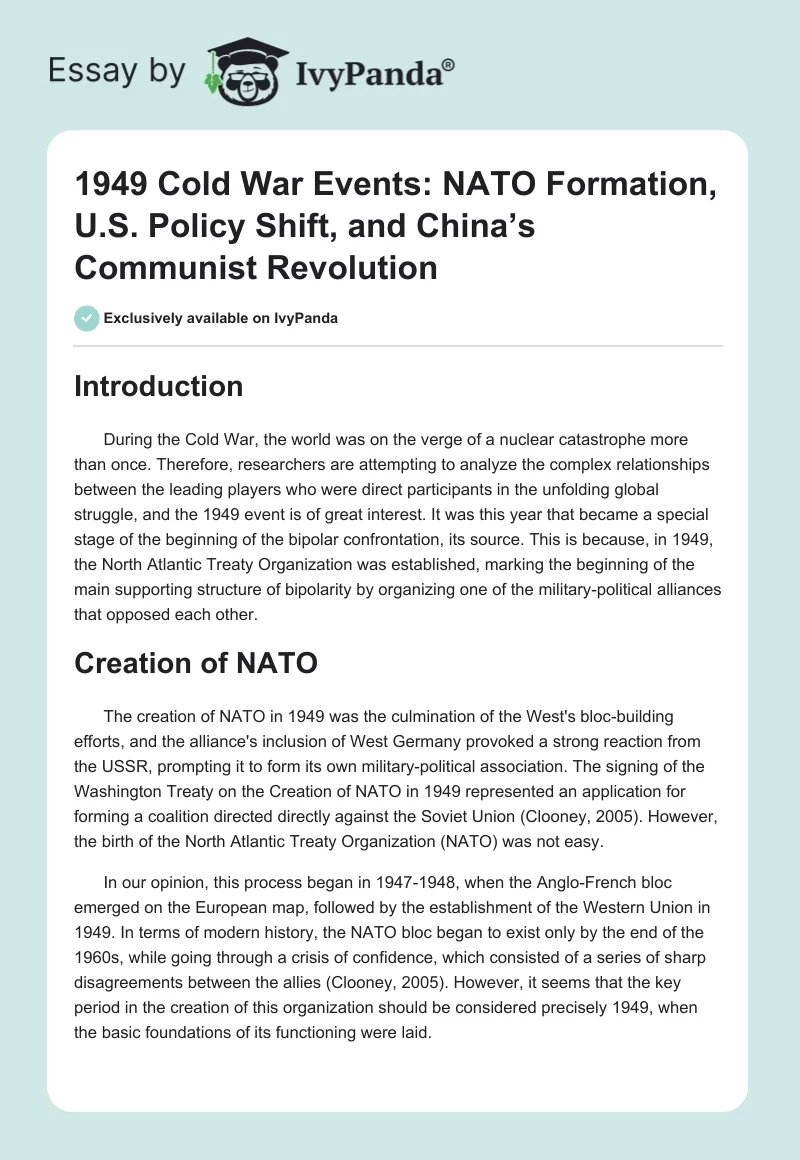 1949 Cold War Events: NATO Formation, U.S. Policy Shift, and China’s Communist Revolution. Page 1