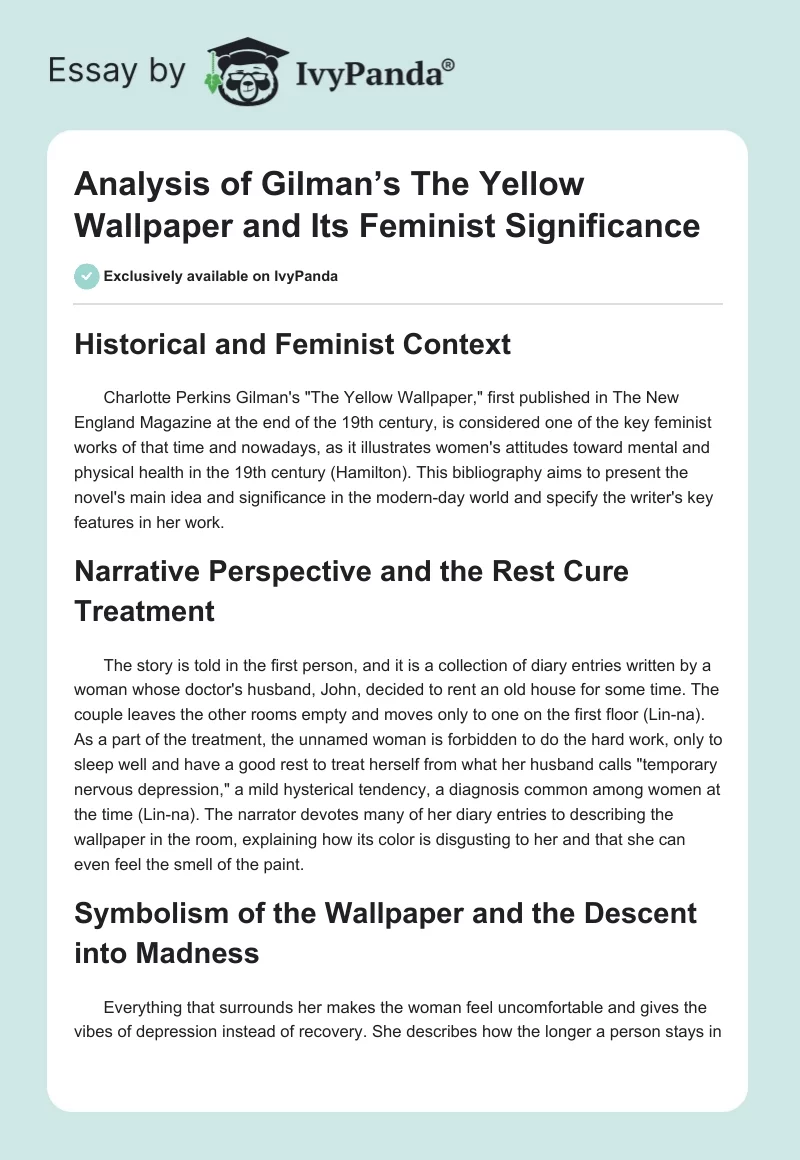 Analysis of Gilman’s The Yellow Wallpaper and Its Feminist Significance. Page 1