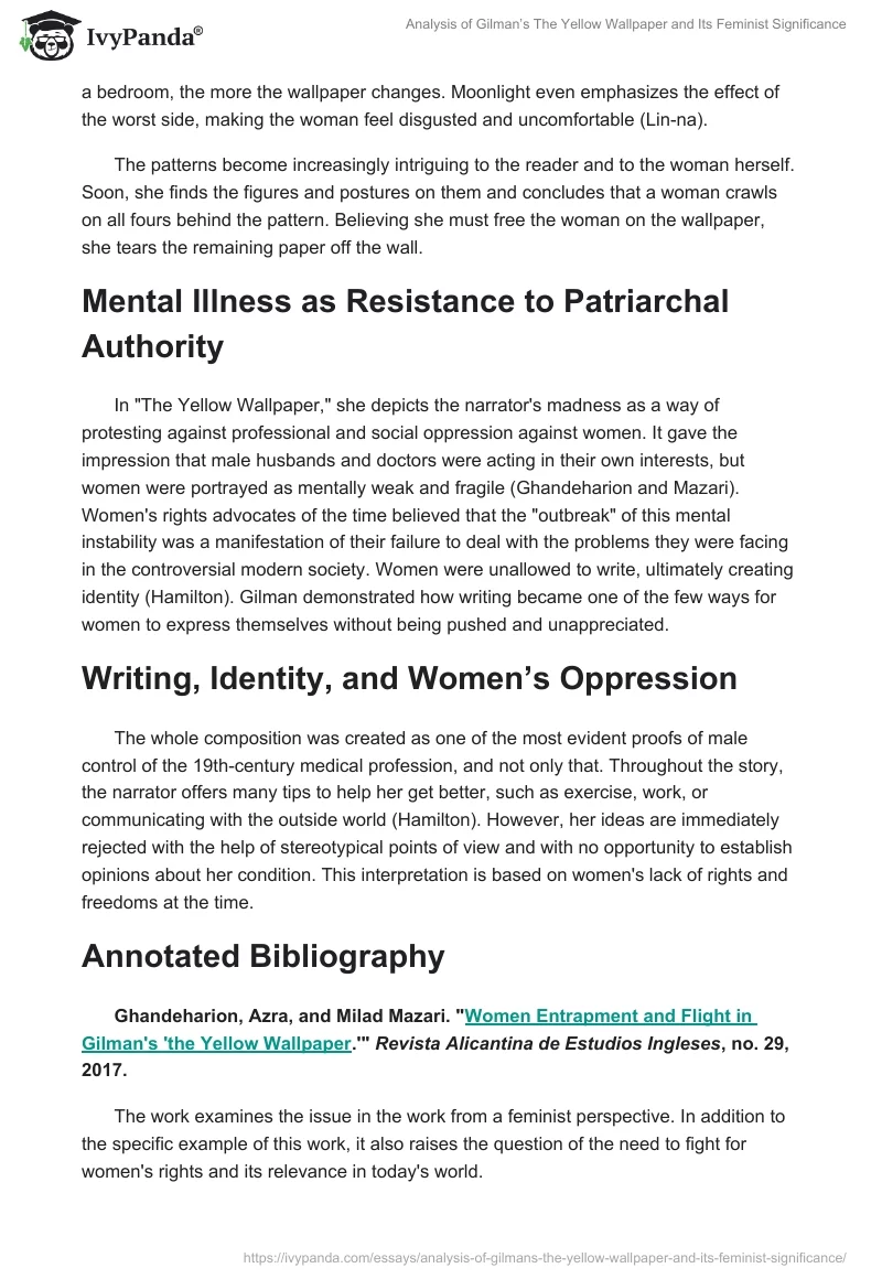 Analysis of Gilman’s The Yellow Wallpaper and Its Feminist Significance. Page 2