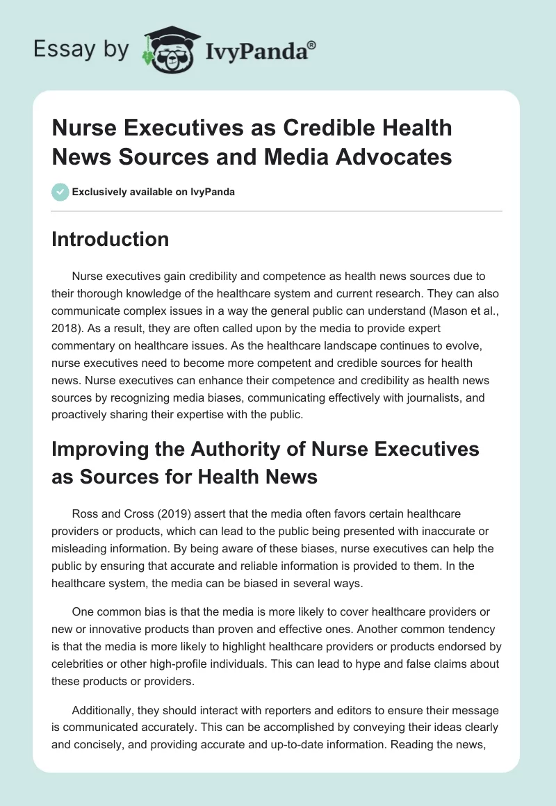 Nurse Executives as Credible Health News Sources and Media Advocates. Page 1
