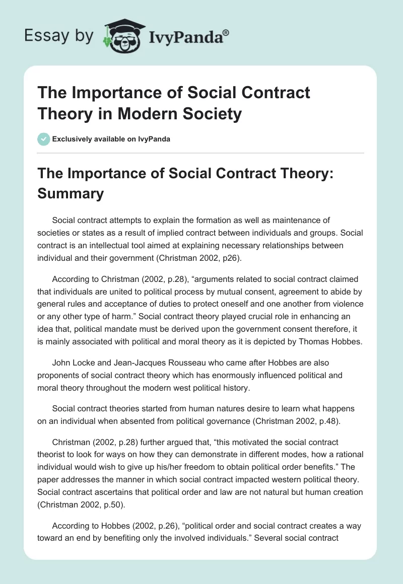 The Importance of Social Contract Theory in Modern Society. Page 1
