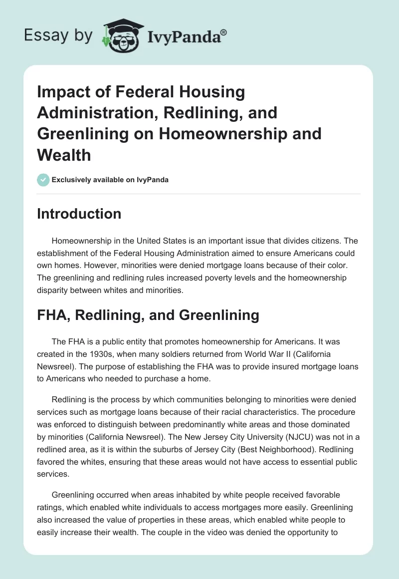 Impact of Federal Housing Administration, Redlining, and Greenlining on Homeownership and Wealth. Page 1