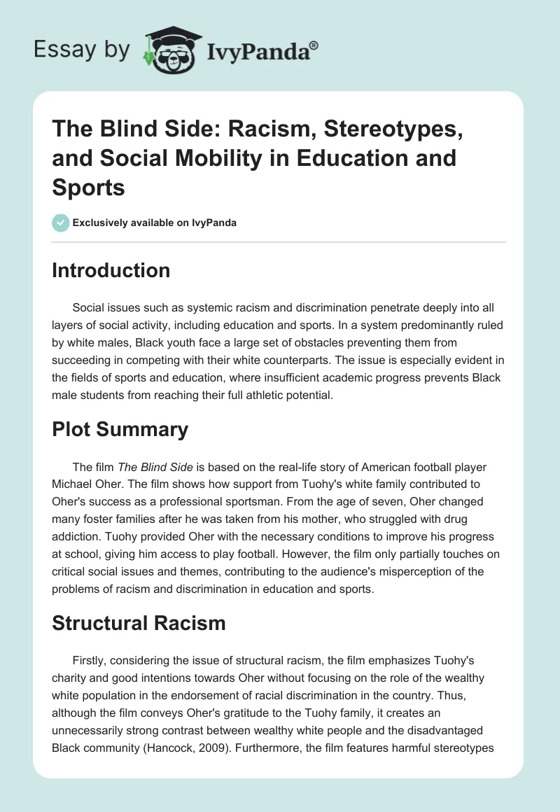 The Blind Side: Racism, Stereotypes, and Social Mobility in Education and Sports. Page 1