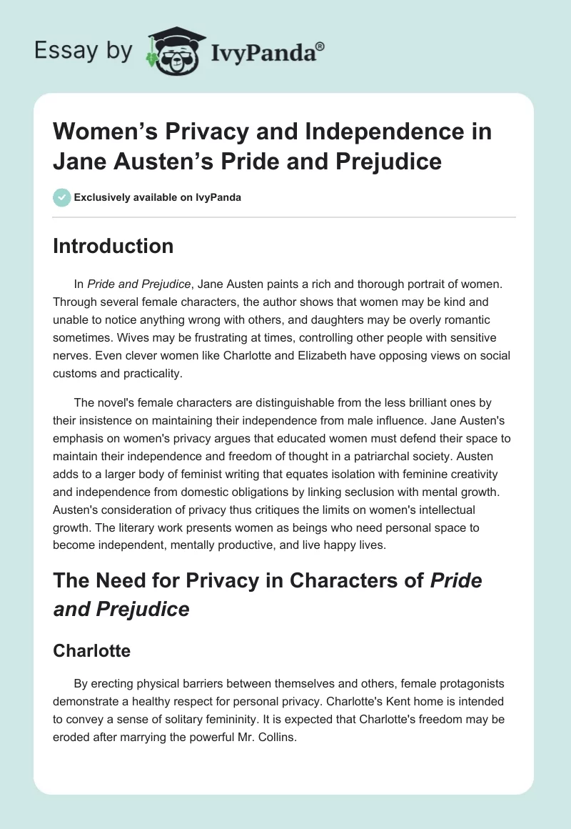 Women’s Privacy and Independence in Jane Austen’s Pride and Prejudice. Page 1