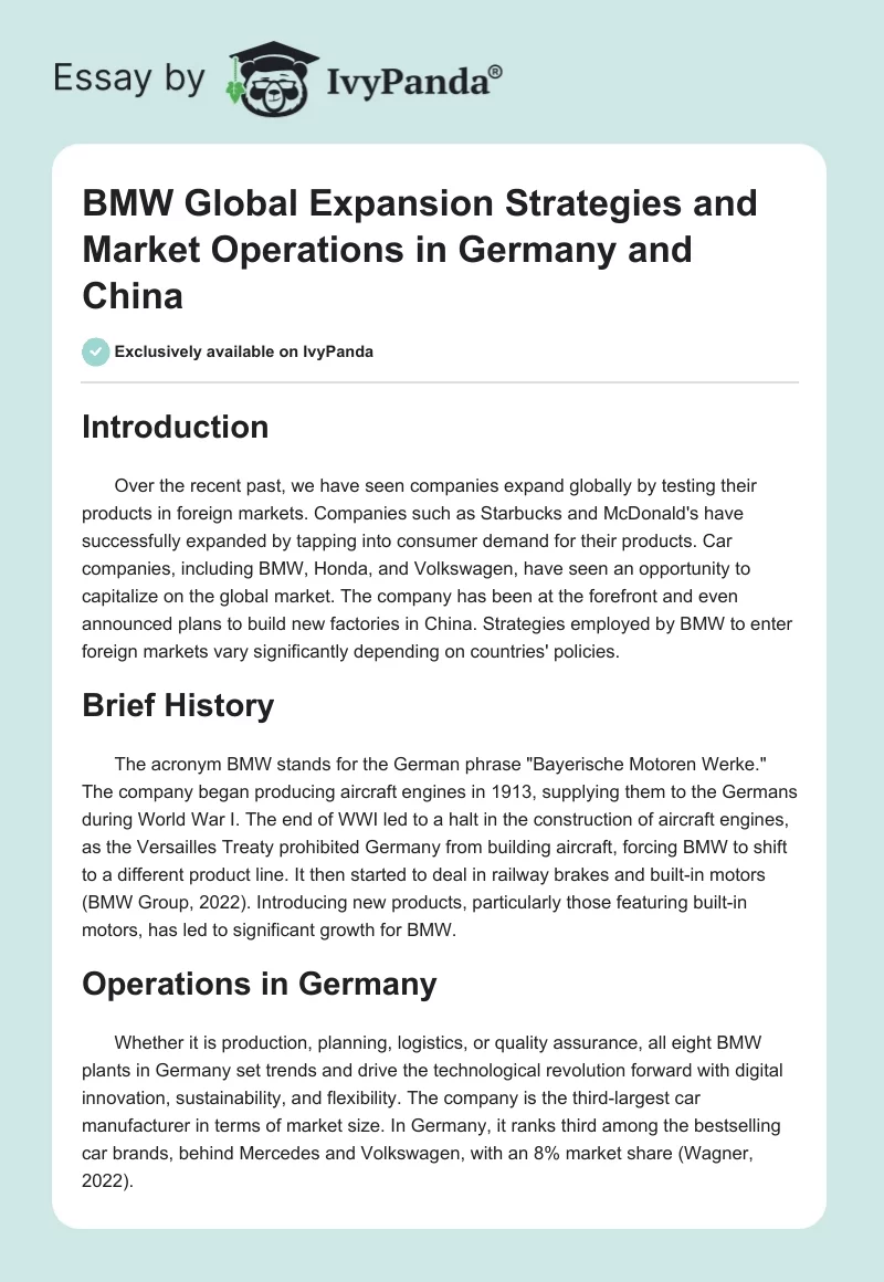 BMW Global Expansion Strategies and Market Operations in Germany and China. Page 1