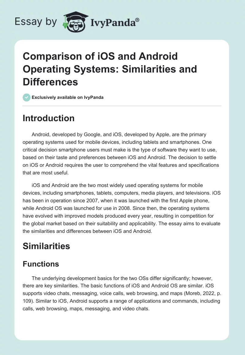 Comparison of iOS and Android Operating Systems: Similarities and Differences. Page 1