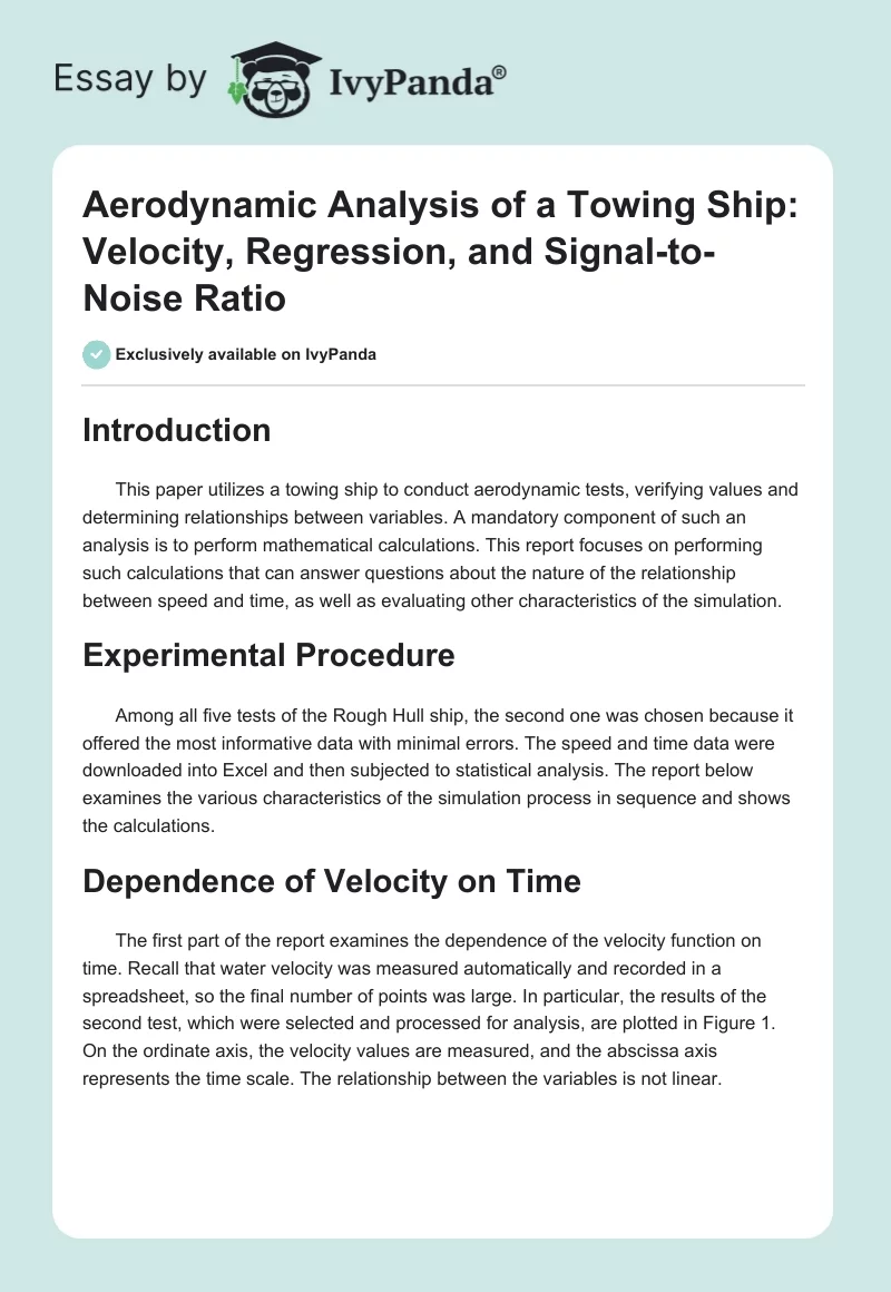 Aerodynamic Analysis of a Towing Ship: Velocity, Regression, and Signal-to-Noise Ratio. Page 1