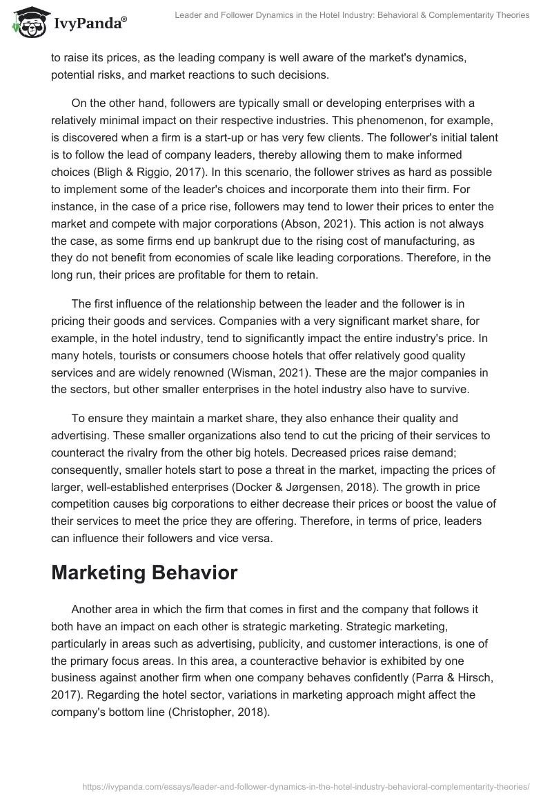 Leader and Follower Dynamics in the Hotel Industry: Behavioral & Complementarity Theories. Page 2