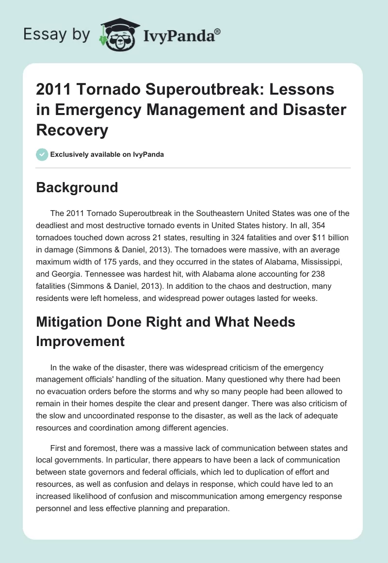 2011 Tornado Superoutbreak: Lessons in Emergency Management and Disaster Recovery. Page 1