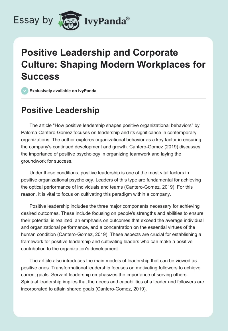 Positive Leadership and Corporate Culture: Shaping Modern Workplaces for Success. Page 1
