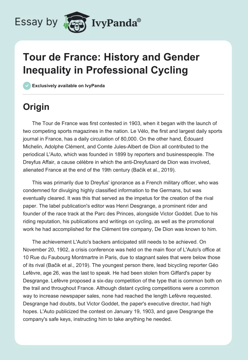 Tour de France: History and Gender Inequality in Professional Cycling. Page 1