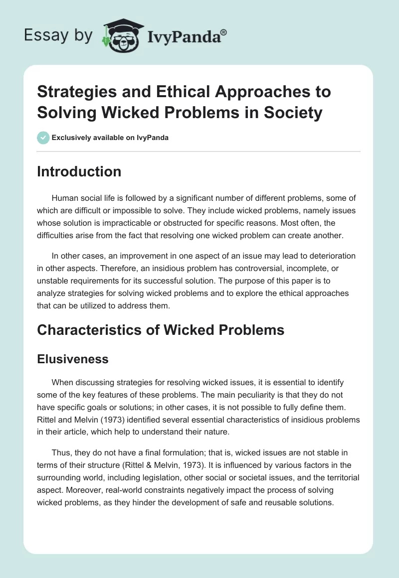 Strategies and Ethical Approaches to Solving Wicked Problems in Society. Page 1
