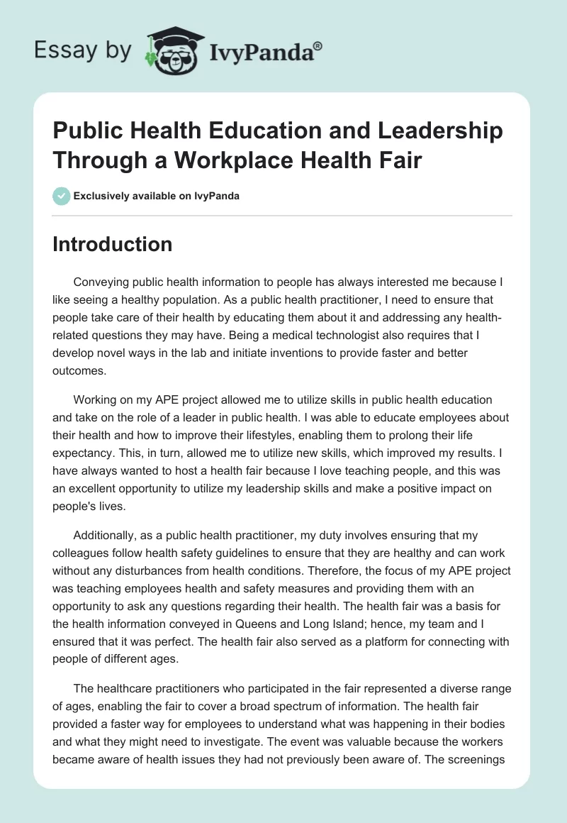 Public Health Education and Leadership Through a Workplace Health Fair. Page 1