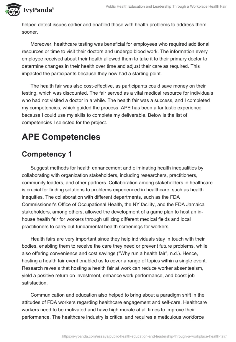 Public Health Education and Leadership Through a Workplace Health Fair. Page 2