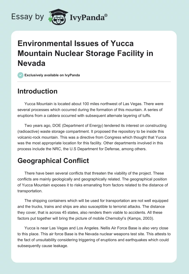 Environmental Issues of Yucca Mountain Nuclear Storage Facility in Nevada. Page 1