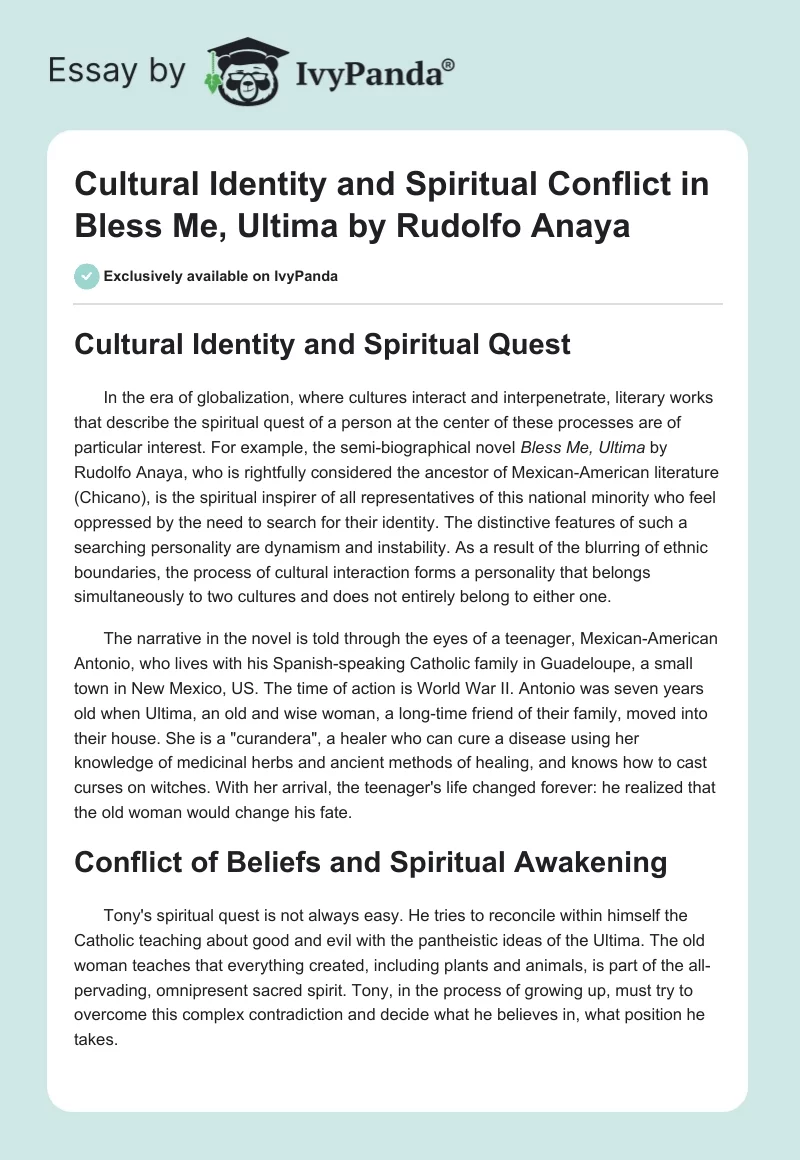 Cultural Identity and Spiritual Conflict in "Bless Me, Ultima" by Rudolfo Anaya. Page 1