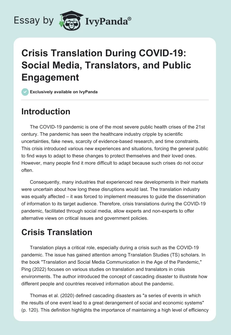 Crisis Translation During COVID-19: Social Media, Translators, and Public Engagement. Page 1