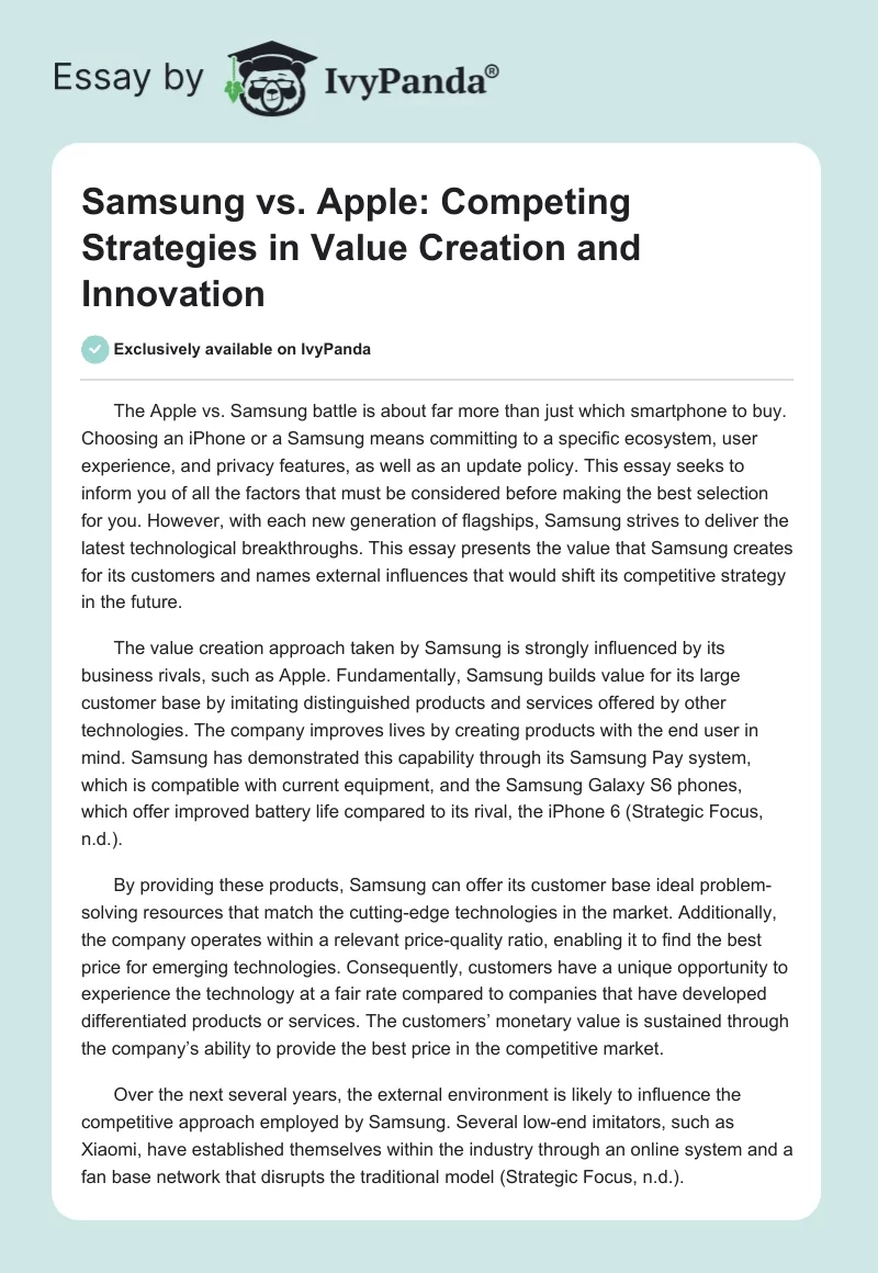 Samsung vs. Apple: Competing Strategies in Value Creation and Innovation. Page 1