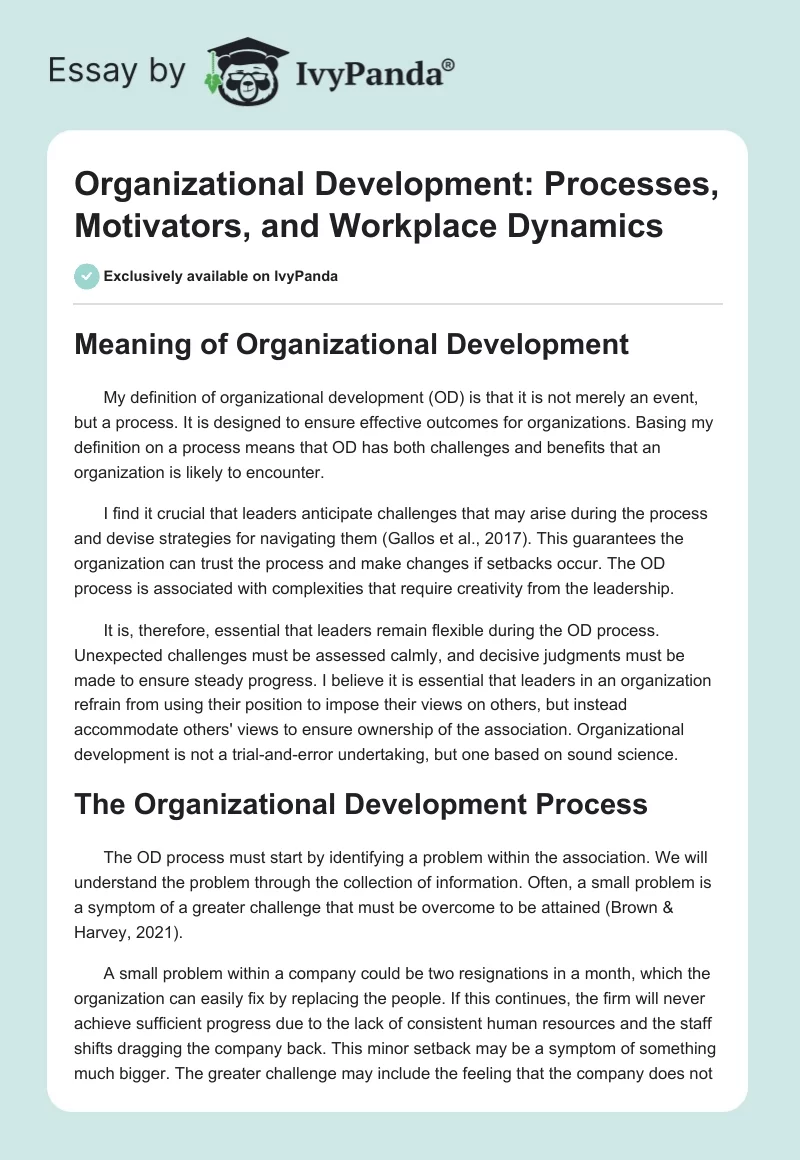 Organizational Development: Processes, Motivators, and Workplace Dynamics. Page 1