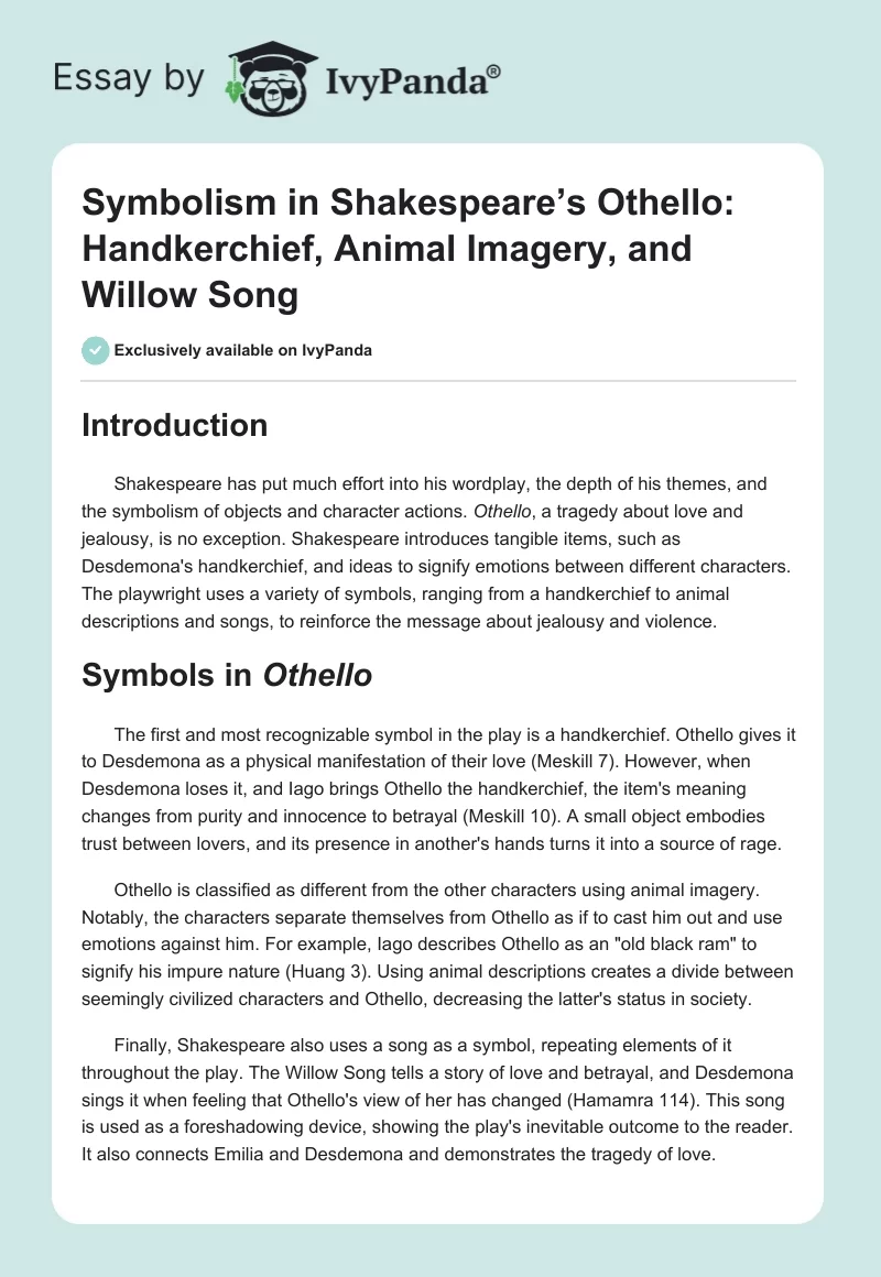Symbolism in Shakespeare’s Othello: Handkerchief, Animal Imagery, and Willow Song. Page 1