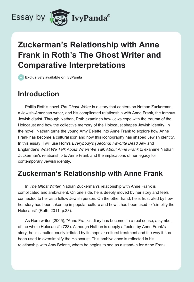 Zuckerman’s Relationship with Anne Frank in Roth’s The Ghost Writer and Comparative Interpretations. Page 1