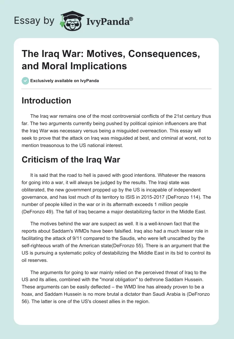 The Iraq War: Motives, Consequences, and Moral Implications. Page 1