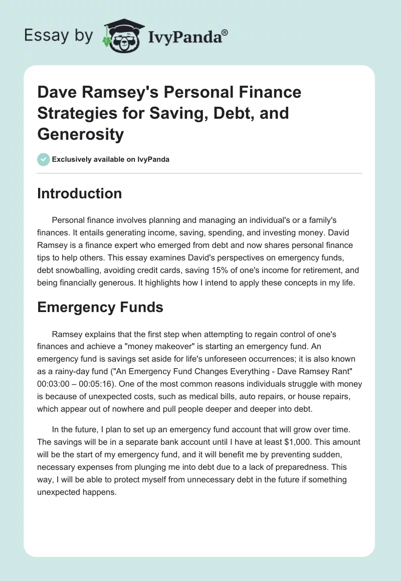 Dave Ramsey's Personal Finance Strategies for Saving, Debt, and Generosity. Page 1