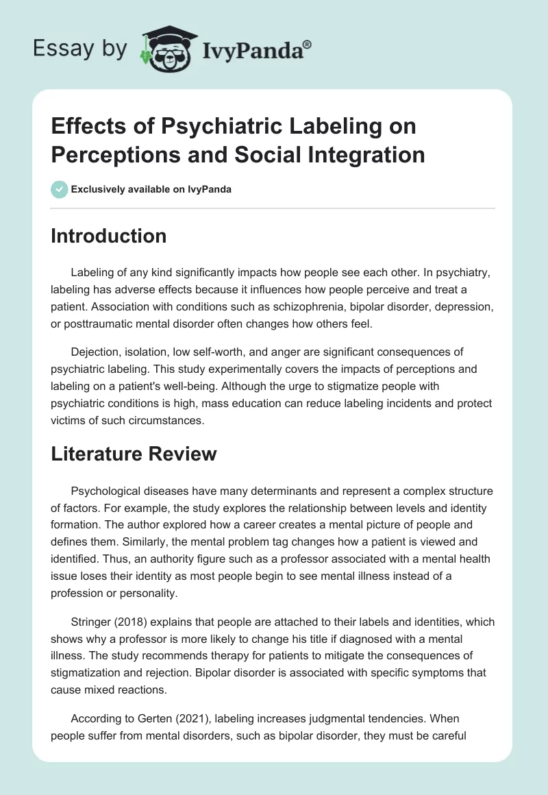 Effects of Psychiatric Labeling on Perceptions and Social Integration. Page 1