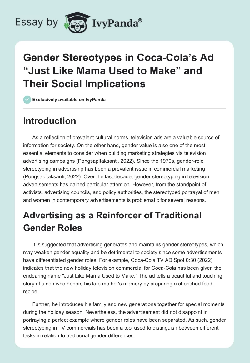 Gender Stereotypes in Coca-Cola’s Ad “Just Like Mama Used to Make” and Their Social Implications. Page 1