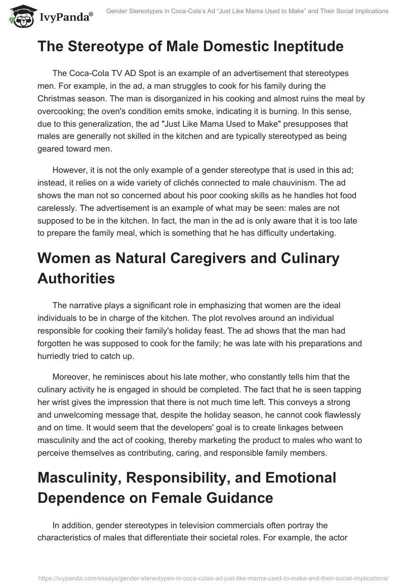 Gender Stereotypes in Coca-Cola’s Ad “Just Like Mama Used to Make” and Their Social Implications. Page 2