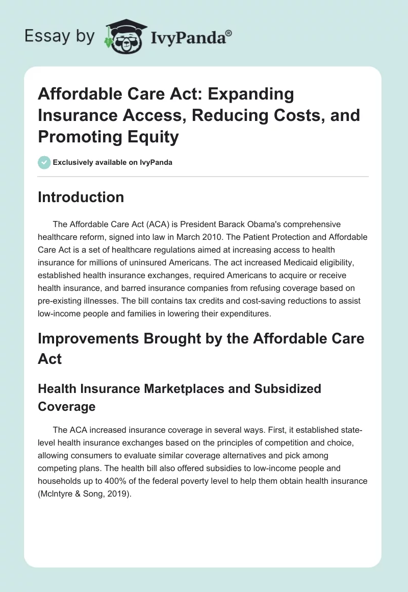 Affordable Care Act: Expanding Insurance Access, Reducing Costs, and Promoting Equity. Page 1