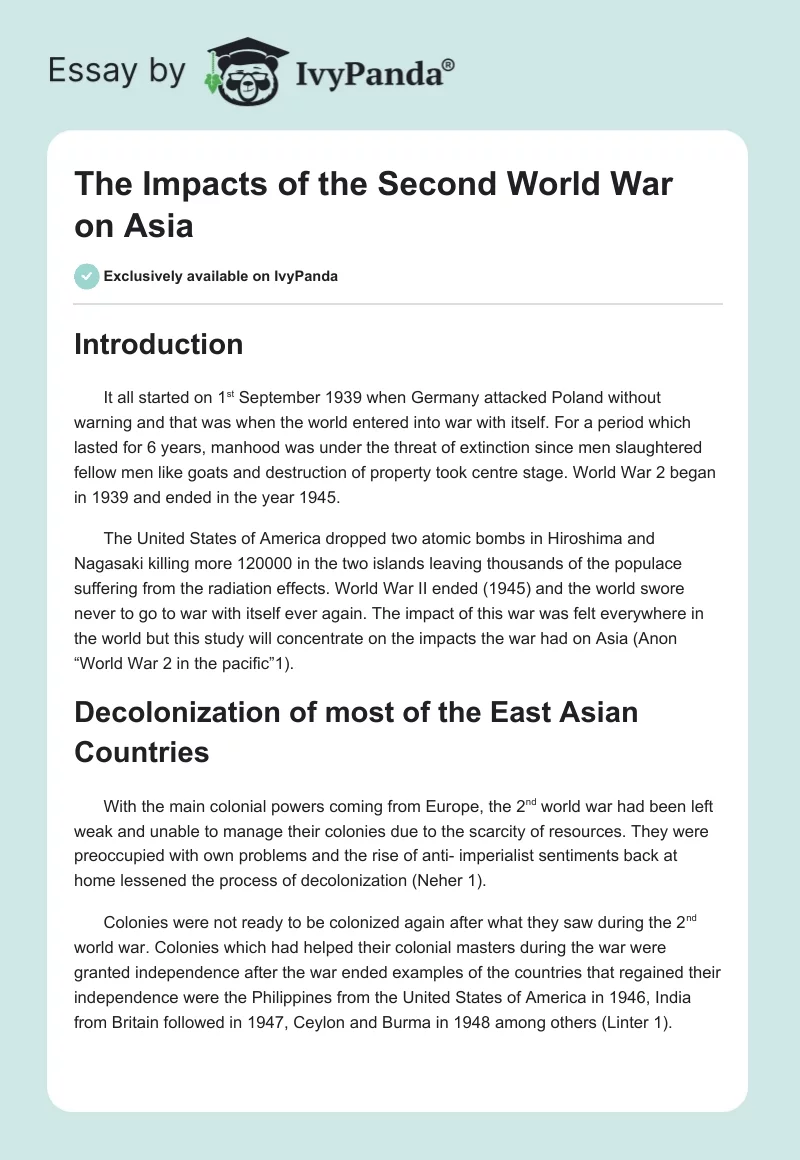 The Impacts of the Second World War on Asia. Page 1