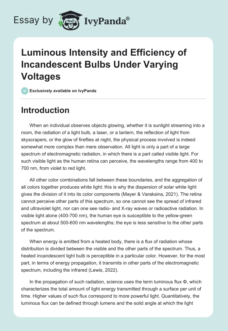 Luminous Intensity and Efficiency of Incandescent Bulbs Under Varying Voltages. Page 1