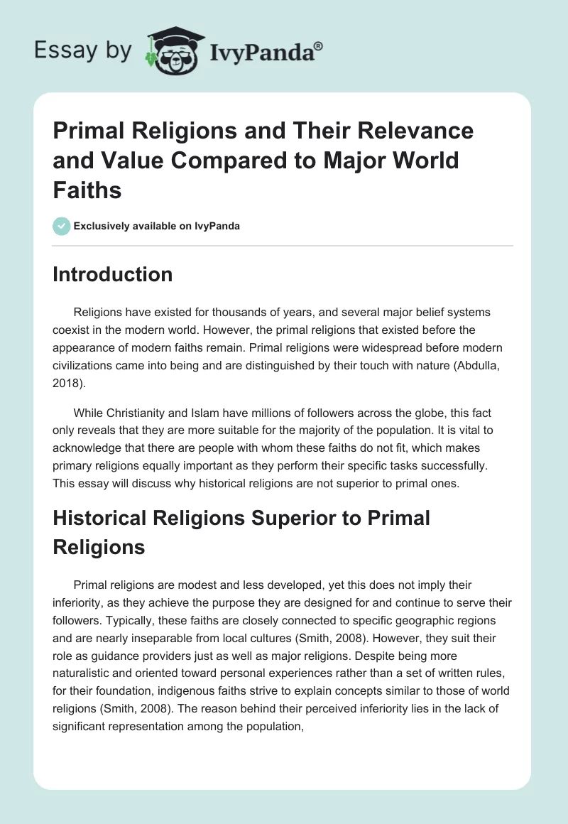 Primal Religions and Their Relevance and Value Compared to Major World Faiths. Page 1