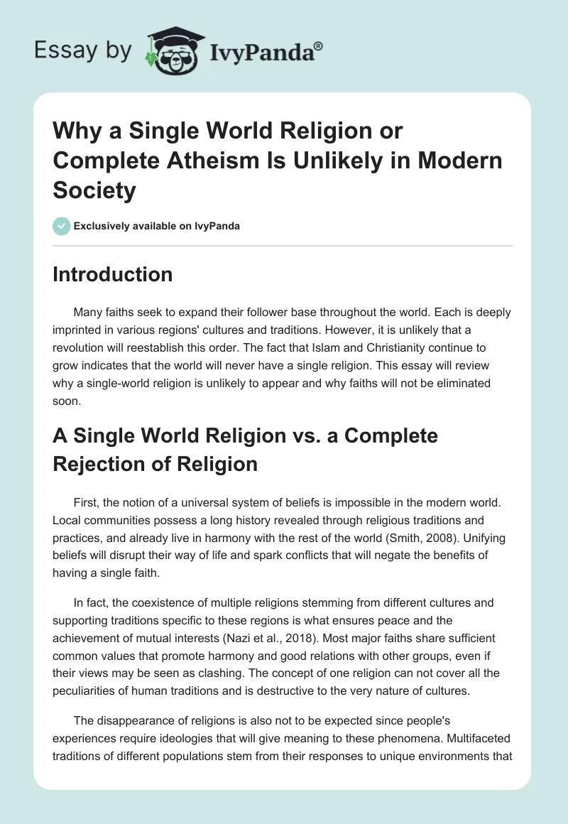 Why a Single World Religion or Complete Atheism Is Unlikely in Modern Society. Page 1
