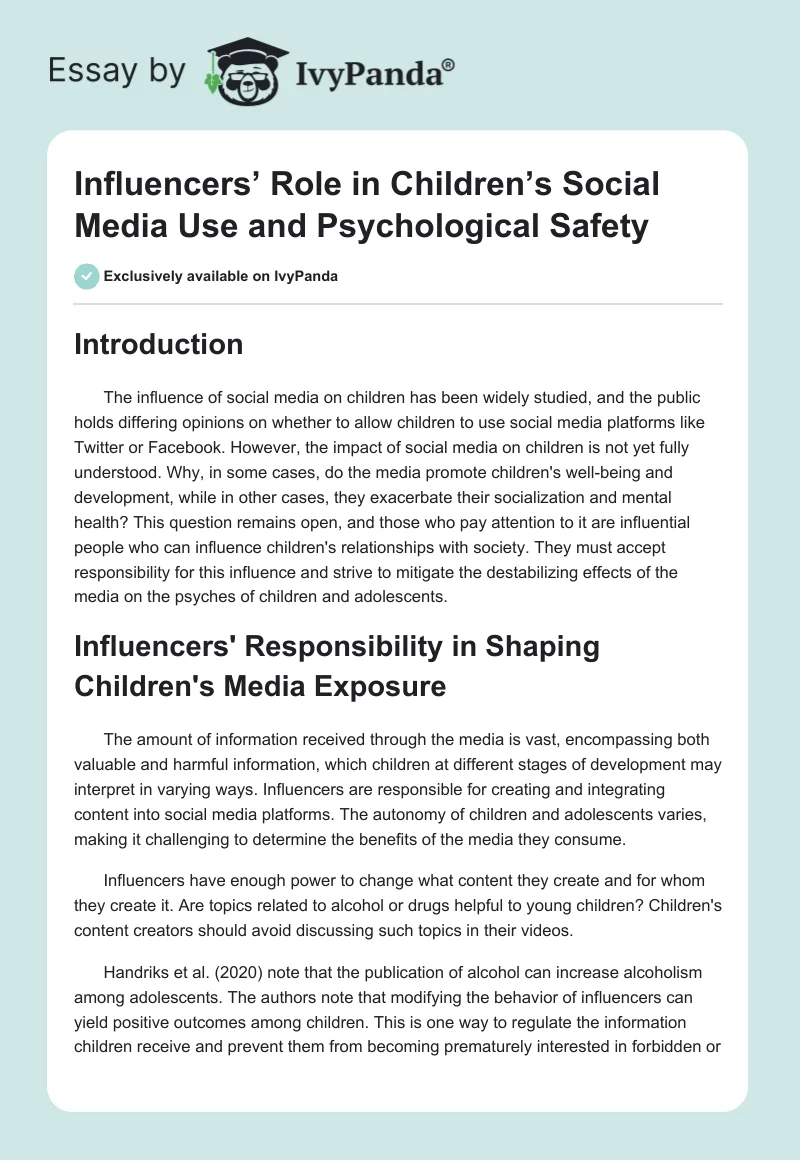 Influencers’ Role in Children’s Social Media Use and Psychological Safety. Page 1