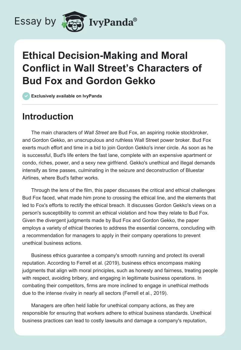 Ethical Decision-Making and Moral Conflict in Wall Street’s Characters of Bud Fox and Gordon Gekko. Page 1