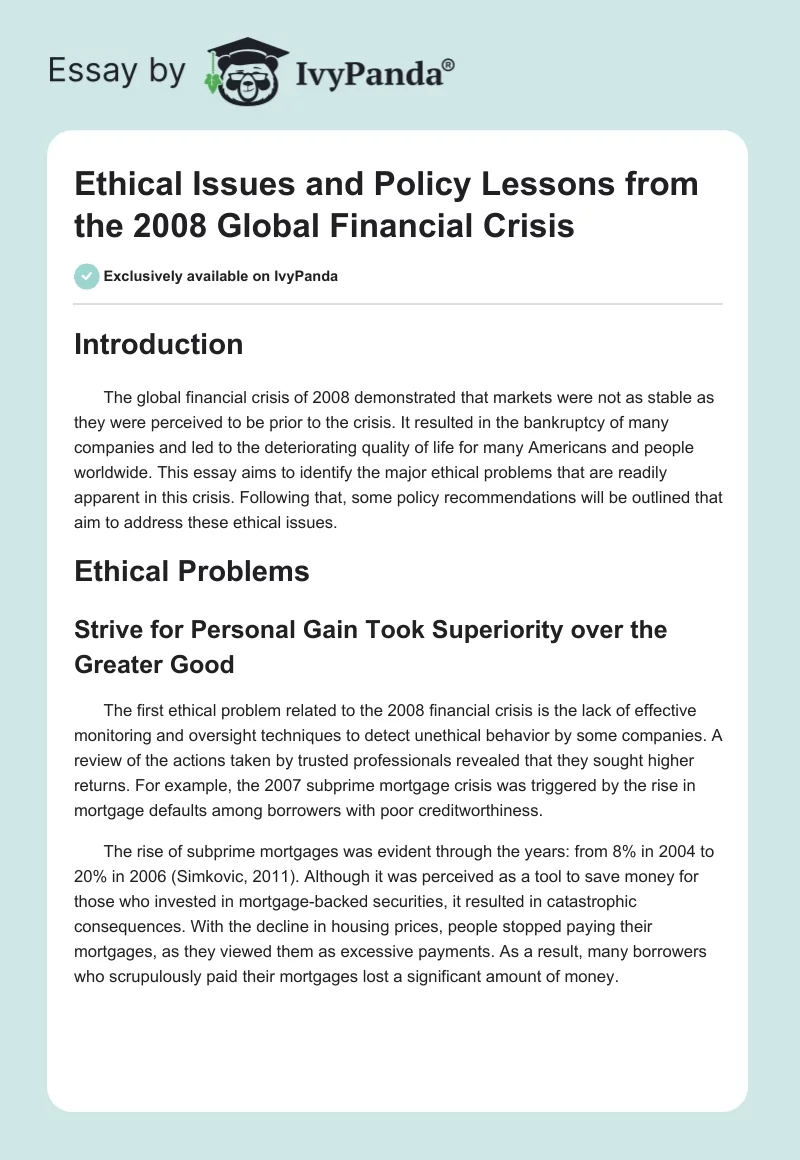 Ethical Issues and Policy Lessons from the 2008 Global Financial Crisis. Page 1